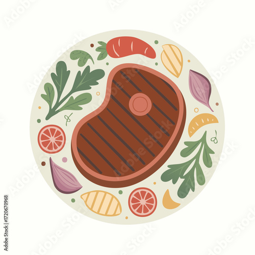 Stylized Steak with Grilled Marks and Colorful Vegetables on a Plate.