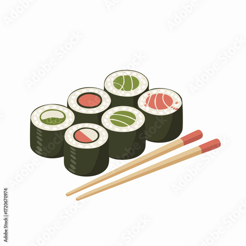 Artistic Sushi Rolls with Chopsticks A Culinary Still Life Illustration.