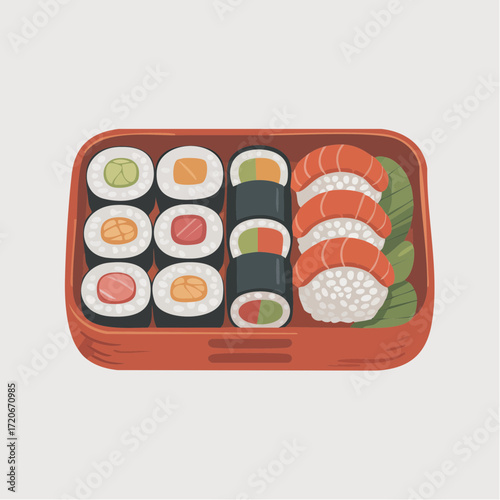 Bento Box Filled with Colorful Sushi Rolls and Salmon Nigiri on Green Leaves.