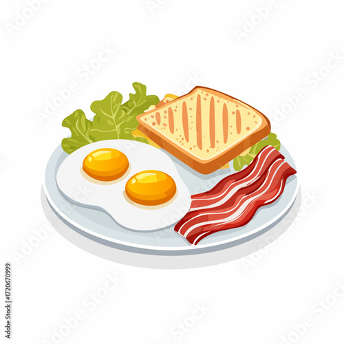 Cartoon Breakfast Plate with SunnySide Up Eggs Toast Bacon and Lettuce.