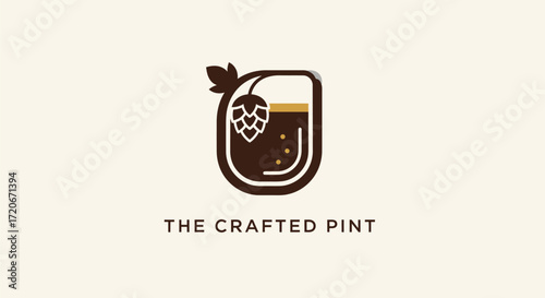 A modern, minimalist logo for 'The Crafted Pint', featuring a stylized brown pint glass containing a hop cone and beer.