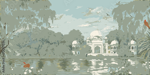 Serene landscape with white mughal architecture reflected in water surrounded by lush greenery and birds