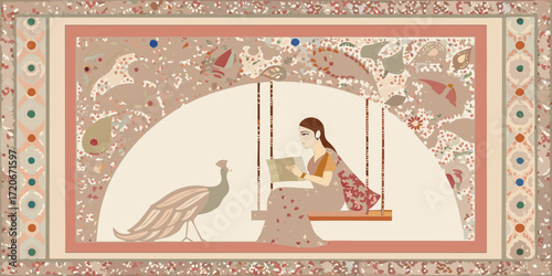 Indian woman in traditional attire reading a book on a swing with a peacock nearby