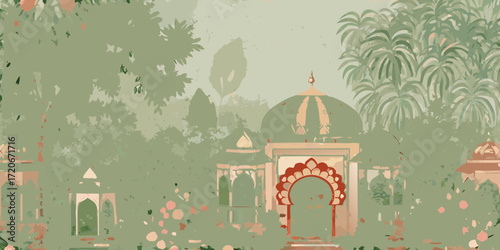 Mughal inspired garden with domed pavilions and intricate arches in muted green and terracotta tones