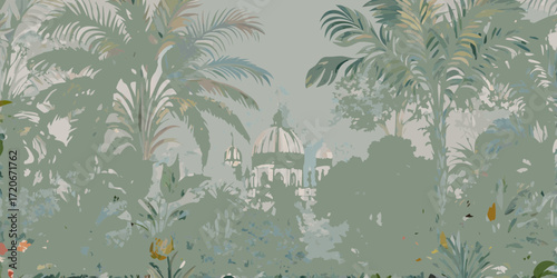 Muted tropical landscape with architectural domes and palm trees in a dreamy impressionistic style