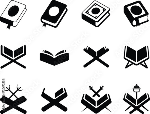 Holy book icon, quran stand vector, islamic symbol design, religion education graphic, black silhouette artwork, cad drawing flat vector illustration