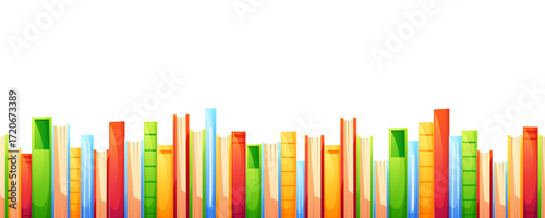 A horizontal seamless pattern of stacked books in different colors. A vibrant design, perfect for a bookstore, library, literary event, or in store sales.