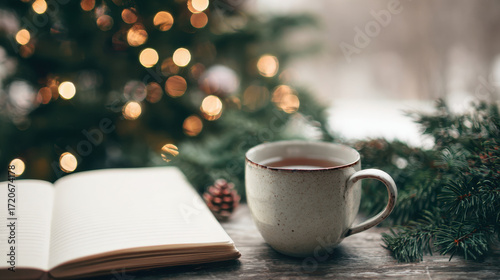 Christmas Digital Detox, enjoying tea and fresh pine aroma while journaling beside the tree, disconnected from noise and screens.