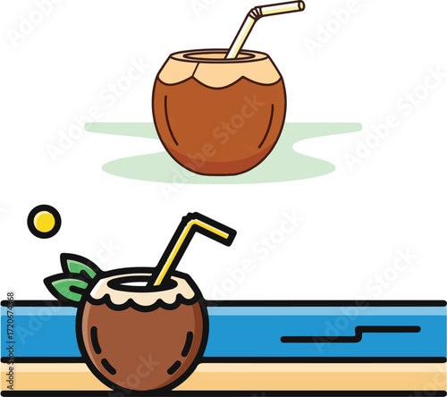 Cartoon Coconuts with Straws on Vacation