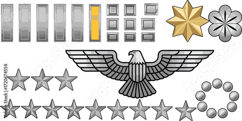 Vector Illustration of US Army Military Rank Insignia Bars Oak Leaves Eagle Stars Discs Representing Officer Enlisted Command Hierarchy Structure