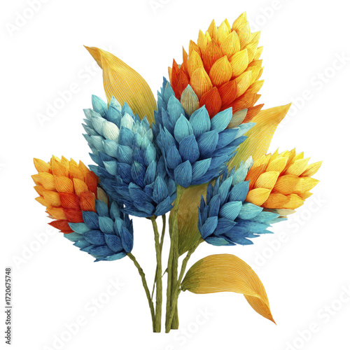 Abstract Arrangement Of Blue And Orange Flower Like Shapes With Textured Yellow Leaves On A Transparent Background