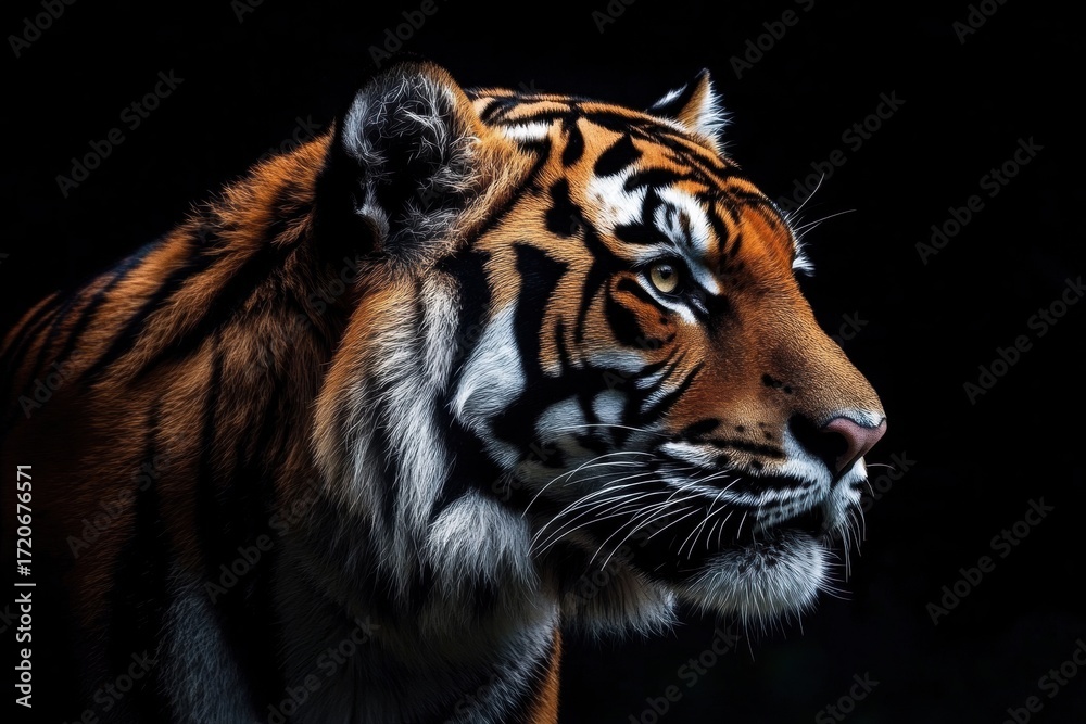 Fototapeta premium Close-up portrait tiger face facing towards right Front view of Sumatran