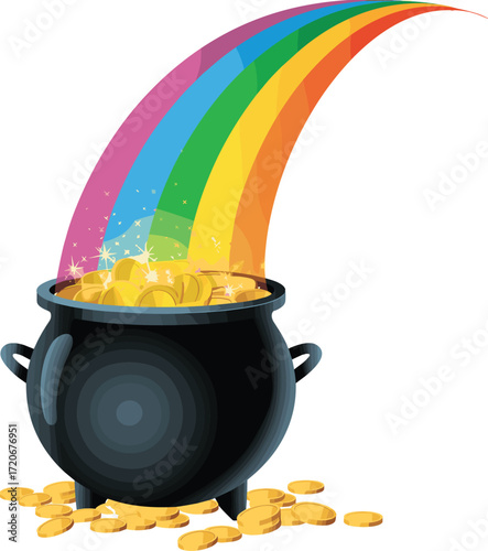 Magical pot of gold with rainbow and sparkles, folklore treasure concept for St. Patrick’s Day, fantasy wealth illustration vector