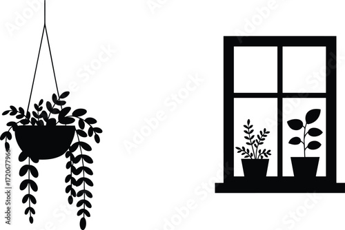Hanging plant silhouette, potted plants on window, black vector illustration, minimalist home decor, interior decoration, cad drawing flat vector illustration