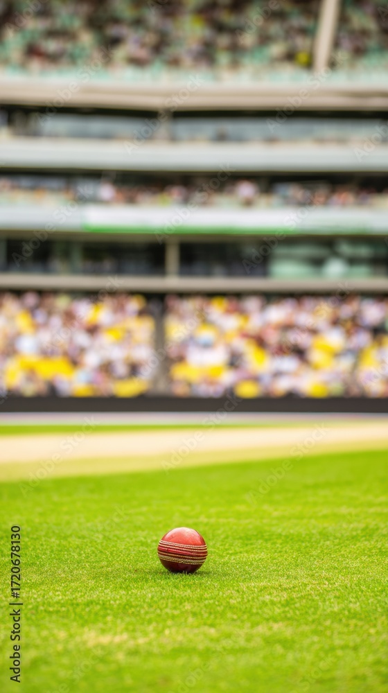 Naklejka premium Premium Professional Cricket Ball on Stadium Pitch with Crowd Background Modern Sports Competition Focus for Advertising and Social Media Campaigns