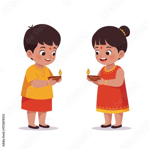 Two joyful children celebrating Diwali, one carefully holding a lit diya while the other watches the flame with happiness in a vibrant flat 2D vector illustration.