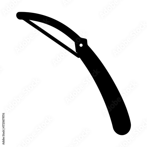Simple black and white illustration of a curved vegetable peeler kitchen tool