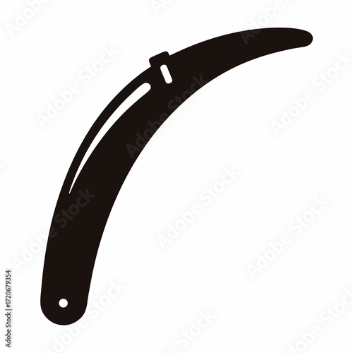Black silhouette of a crescent shaped tool with a hole at the end