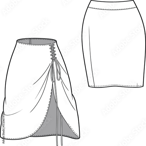 CAD drawing flat vector illustration of stylish women’s wrap skirt with front lace-up detail and back view, fashion technical sketch