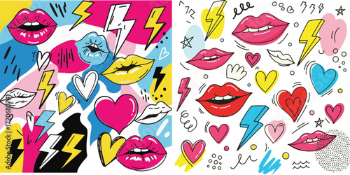 Energetic Cartoon Illustration Featuring Lips, Hearts, and Lightning Bolts