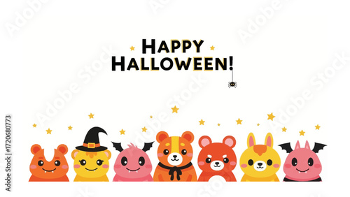 Whimsical Halloween Characters: A delightful ensemble of cute, colorful cartoon creatures stands ready to celebrate Halloween, set against a playful backdrop that evokes the festive mood.