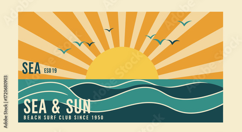 Retro sunset over the ocean with stylized waves and birds flying, evoking a vintage beach surf club vibe with sea sun text and establishment dates