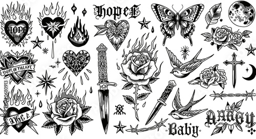 Collection of traditional tattoo flash art designs featuring hearts, roses, butterflies, daggers, swallows, flames, crosses, moons, stars, barbed wire, and lettering