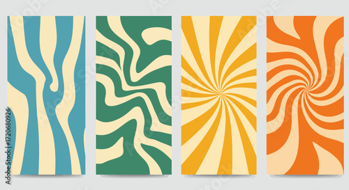 A vibrant collection of four abstract retrostyle backgrounds featuring swirling patterns and wavy lines in a palette of blue, green, yellow, and orange, evoking a psychedelic or groovy aesthetic