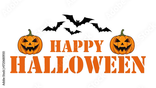 Happy Halloween: A festive Halloween graphic design featuring carved pumpkins, bats, and celebratory text, designed to evoke spooky and fun holiday spirit.