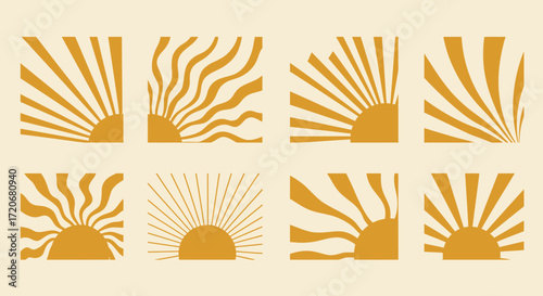 A curated collection of abstract and minimalist sun vector illustrations, featuring diverse artistic interpretations of radiating sunrays, perfect for contemporary graphic design projects