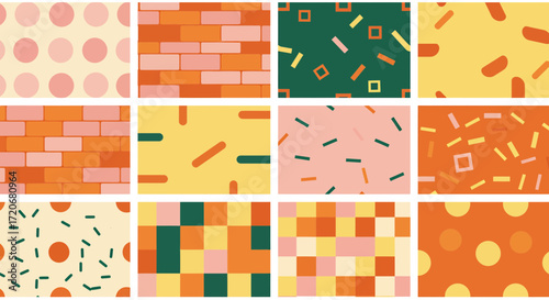 A collection of twelve seamless patterns featuring geometric shapes and abstract designs in a warm, autumnal color palette, perfect for graphic design and textile applications