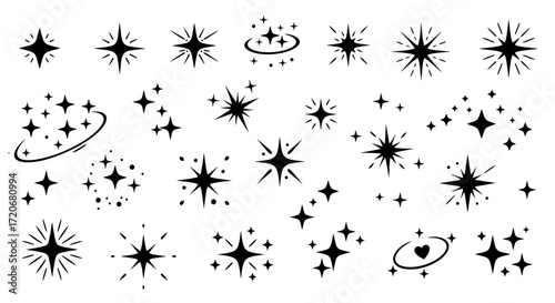 Collection of sparkling starbursts and twinkling star icons, , representing magic, celebration, and brilliance