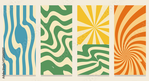 Retro Abstract Backgrounds Groovy Patterns in Swirls, Stripes, and Sunbursts for Posters and Designs