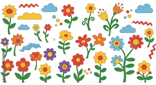 A vibrant collection of colorful cartoon flowers and clouds, isolated on a, perfect for childrens designs and spring themes