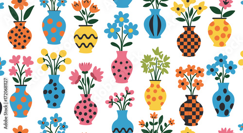 Seamless pattern of colorful cartoon flowers in vases, , perfect for textile design, wallpaper, and gift wrap