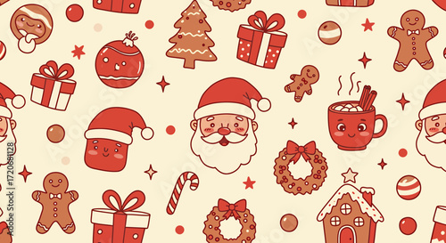 Seamless festive Christmas pattern featuring cute Santa Claus faces, gingerbread cookies, hot chocolate, and gift illustrations