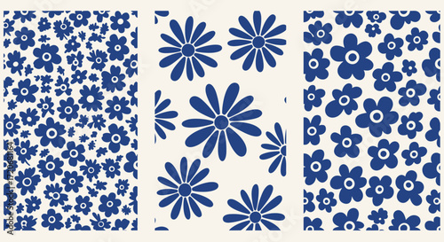 Seamless pattern of small blue daisylike flowers on a cream background, with a closeup section showing larger floral motifs, perfect for textile design and scrapbooking