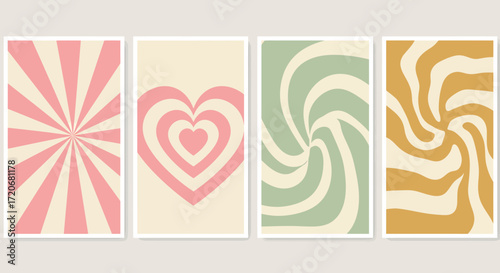 Retro Groovy Wall Art Set Aesthetic Prints with Burst, Heart, and Swirl Patterns