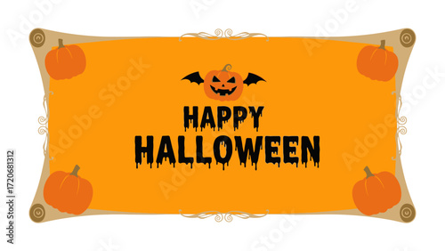 Happy Halloween Banner: A festive Halloween banner, adorned with grinning jack-o'-lanterns and bats against an orange backdrop, evokes a sense of seasonal fun and spooky celebration.