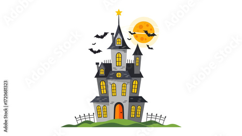 Spooky Spire: A whimsical illustration portrays a chilling Halloween night, where a grand haunted mansion stands tall, silhouetted against a haunting orange moon.