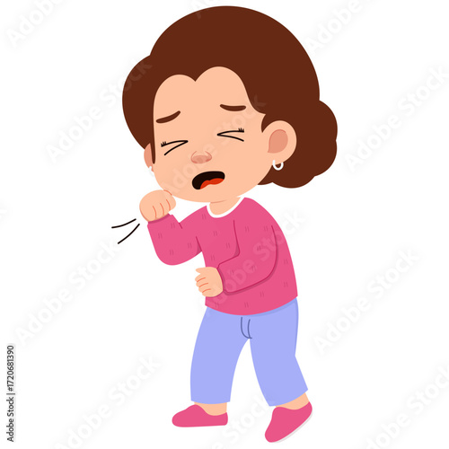 Cartoon Woman Coughing into Elbow