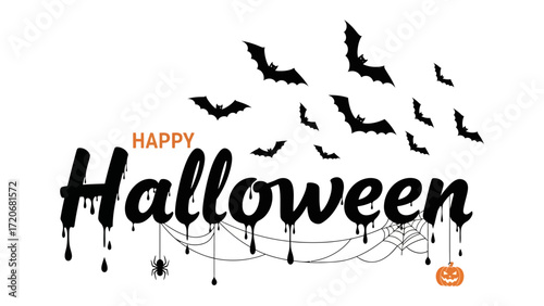 Halloween Invitation: A festive Halloween greeting is written in elegant lettering, accompanied by spooky elements such as silhouetted bats, a spiderweb, a creepy spider, and a carved pumpkin.