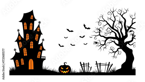 Halloween Silhouette: The enigmatic charm of a spooky, silhouette composition depicting a haunted house, alongside a barren tree.