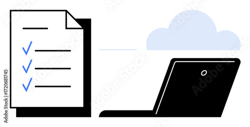 Checklist paper with blue checkmarks, open laptop connecting to a cloud. Ideal for productivity, teamwork, organization, remote work, cloud storage, digital workflow task tracking. Simple flat