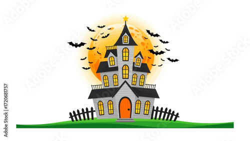 Spooky Haunted House: A whimsical haunted house rises against a glowing full moon and a swarm of bats, creating a captivating scene of Halloween festivities. 