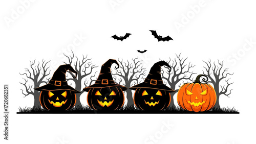 Jack-o'-Lanterns in a Halloween Scene: A spooky Halloween scene unfolds featuring grinning jack-o'-lanterns and silhouettes of bats, trees and hats against an evening backdrop.