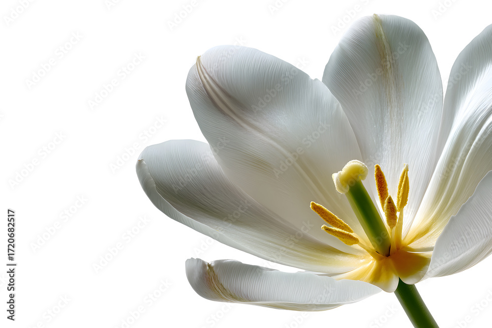 Fototapeta premium Close-up of a white tulip flower with detailed petals and stamen isolated on transparent background
