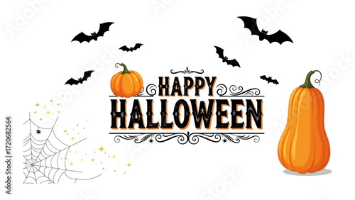 Happy Halloween Composition: A festive Halloween illustration featuring pumpkins, bats, and a web, perfect for evoking the spirit of All Hallows' Eve.