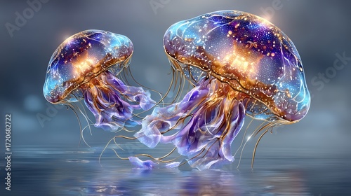 A Mesmerizing Underwater Journey with Enchanting Jellyfish Amidst a Dreamy Winter Wonderland
