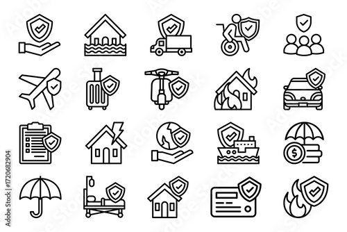 Insurance icon set on white background. Symbol of insurance, home, transportation, protection, security, and safety. Set vector line icons of insurance